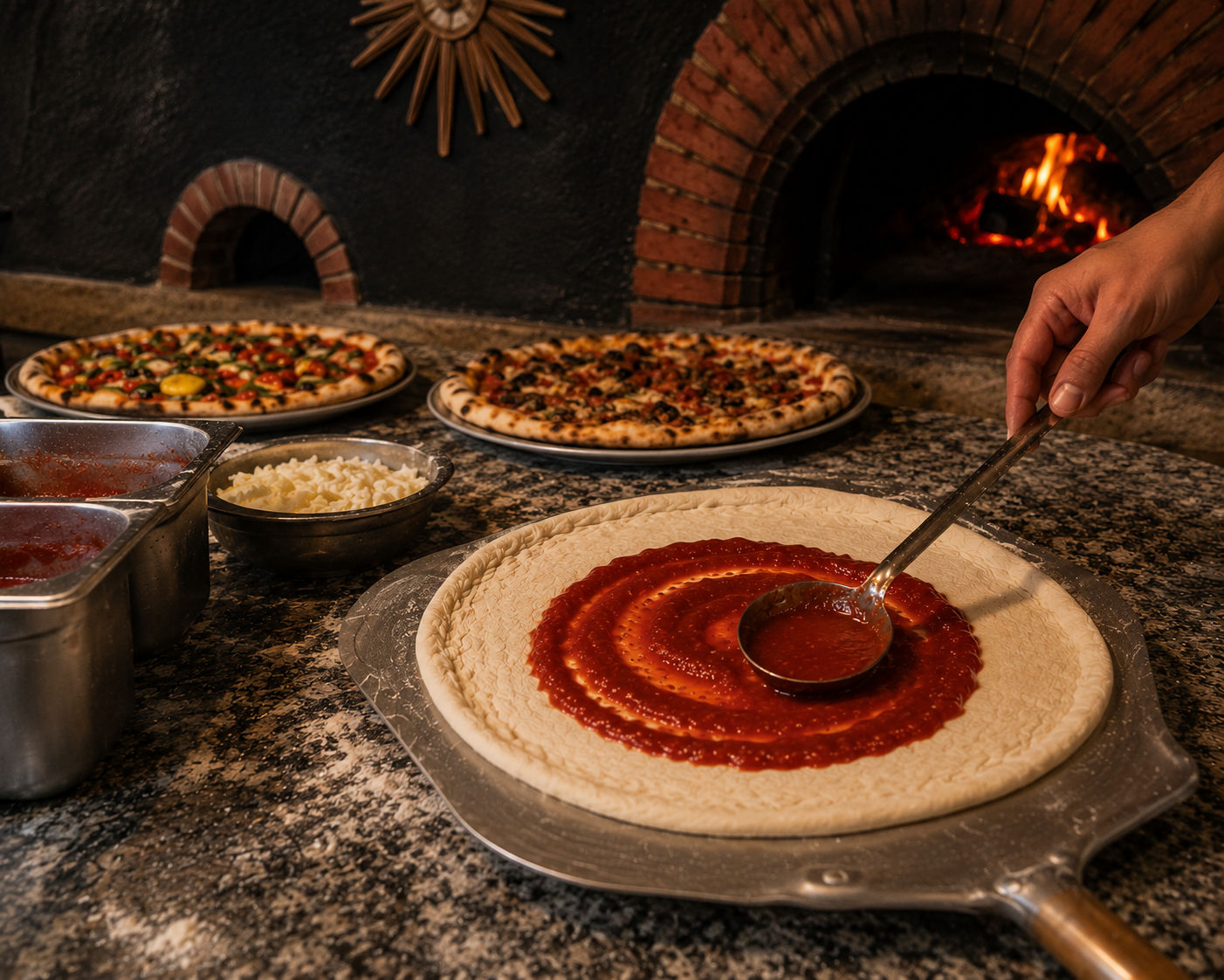 Préparation d’une pizza devant le four